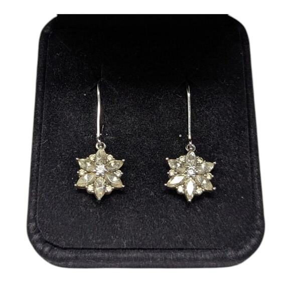 925 Sterling Silver Crystal Flower Drop Earrings Vintage Snowflake Design - Picture 2 of 3